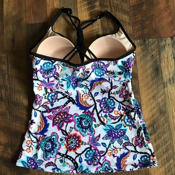 Free Country white blue black floral Tankini Top T-back Padded Cups size M 8-10 - Picture 2 of 4